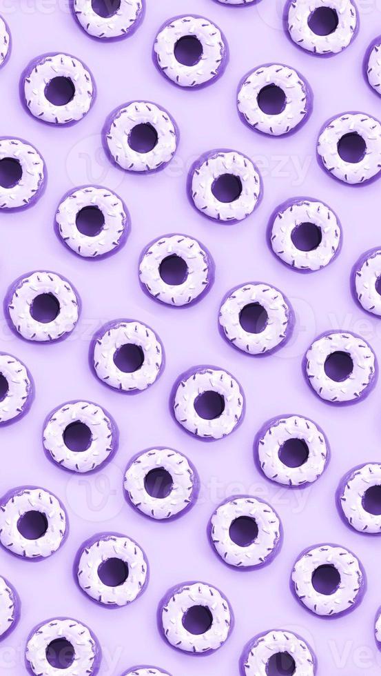 Many small plastic donuts lies on a pastel colorful background. Flat lay minimal pattern. Top view photo