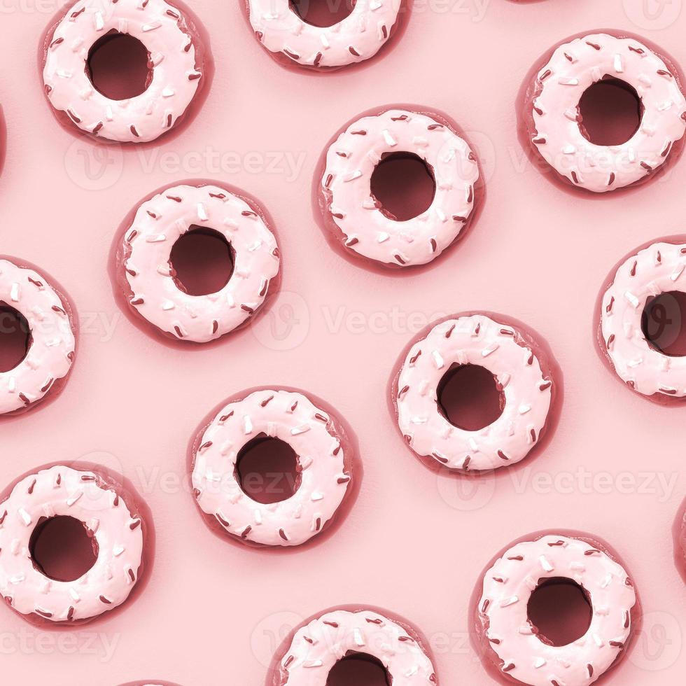 Many small plastic donuts lies on a pastel colorful background. Flat lay minimal pattern. Top view photo