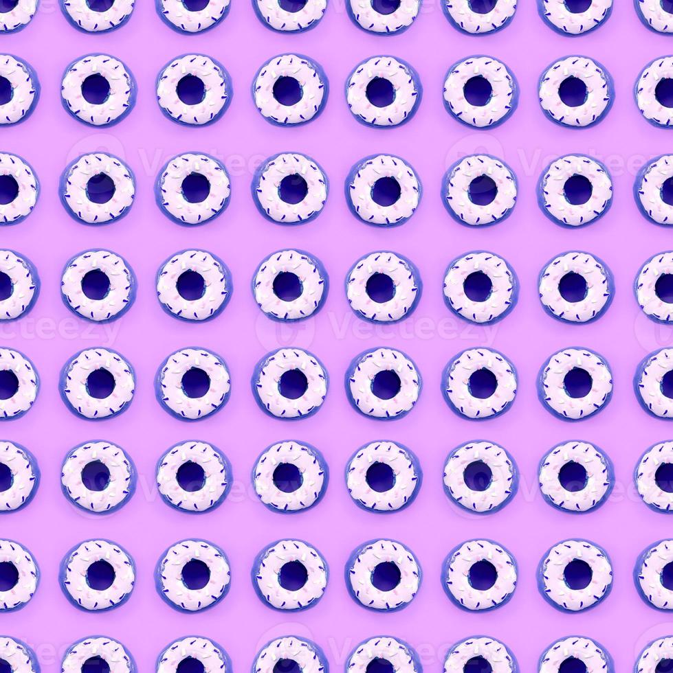 Many small plastic donuts lies on a pastel colorful background. Flat lay minimal pattern. Top view photo