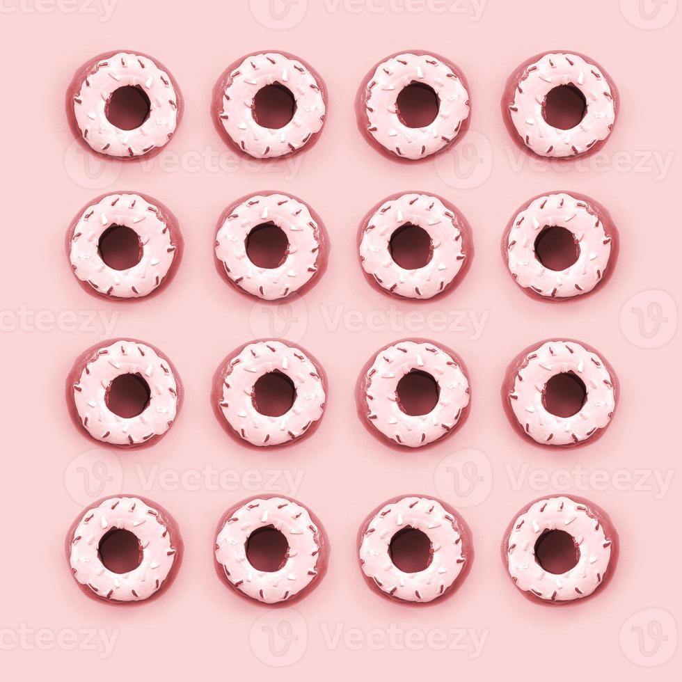 Many small plastic donuts lies on a pastel colorful background. Flat lay minimal pattern. Top view photo