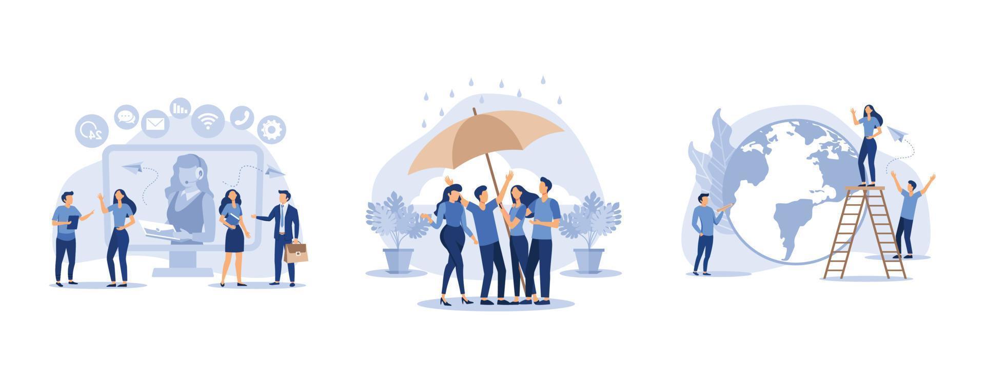 male hotline operator advises client, people stand under umbrella under protection,  little men prepare for the day of the Earth, set flat vector modern illustration