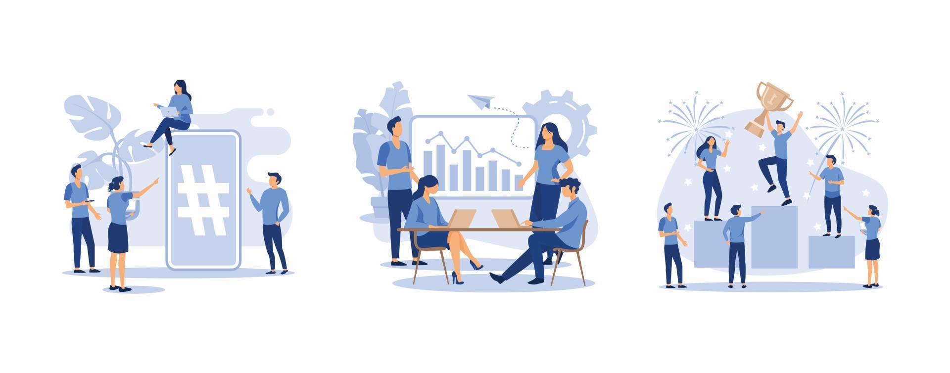 phone with hashtag sign,  analytics of company information, people stand on the podium first, second and third place, set flat vector modern illustration