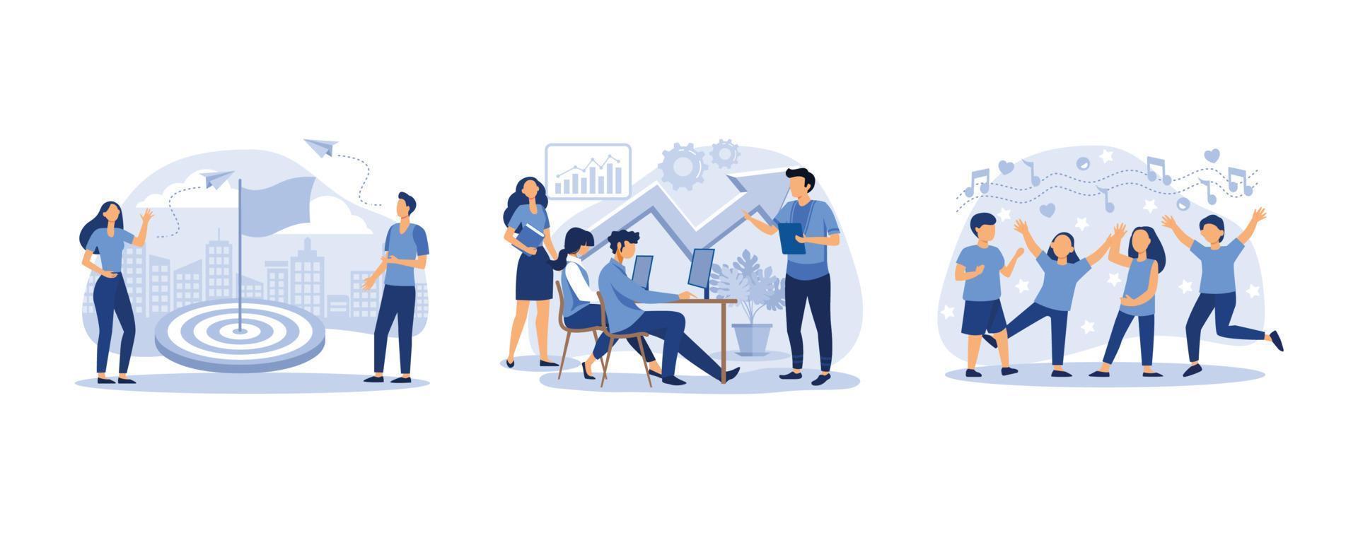 a group of children dancing and having fun to music, prepare a business project start up, a businessman in the center with a flag, set flat vector modern illustration