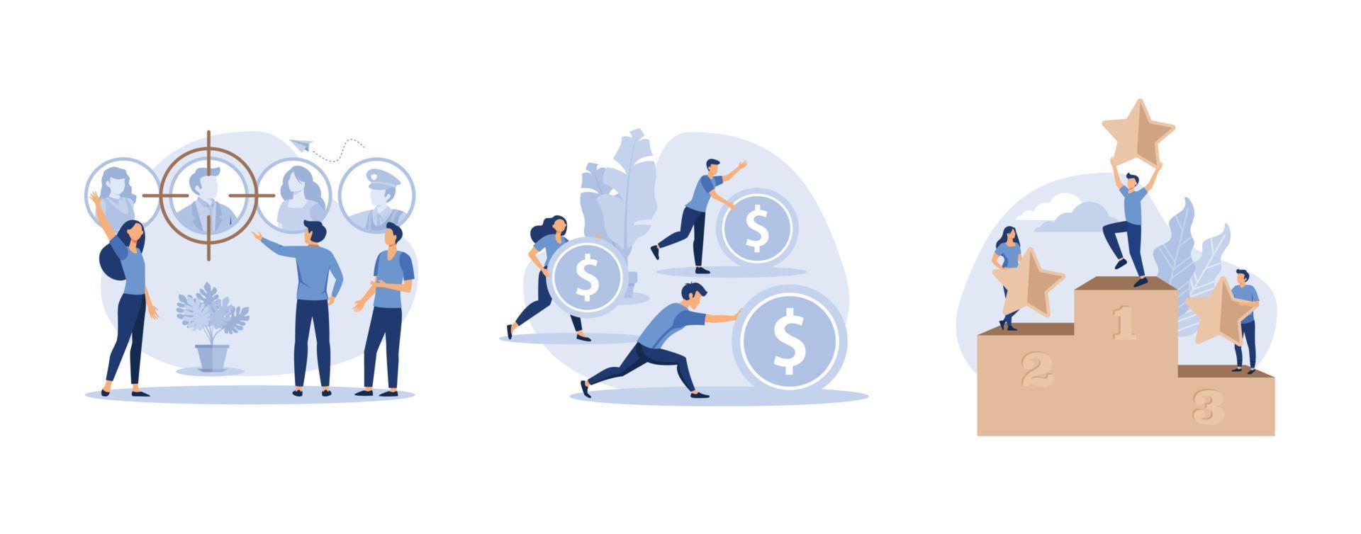 small people are happy to have a winner,  coins in motion, employee choice, set flat vector modern illustration