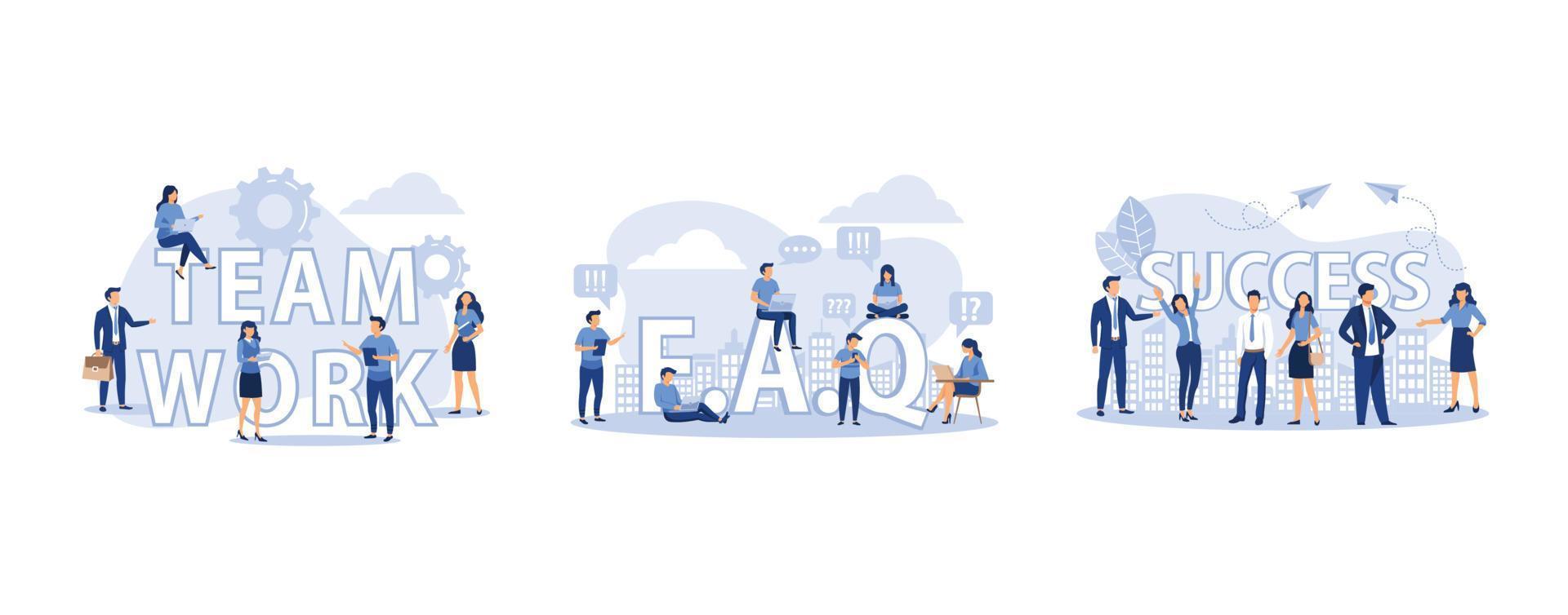 businessmen together build word teamwork, concept illustration of frequently asked questions people around exclamations and question marks, rise of the career to success, vector
