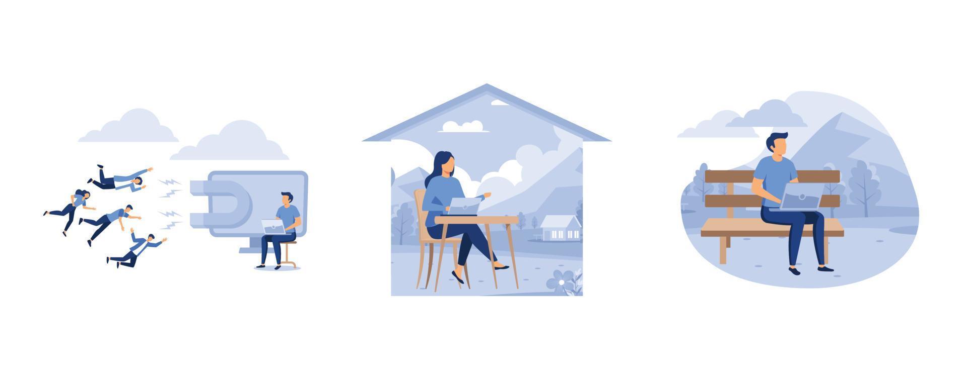 attracting and attracting customers with a magnet, girl student graduate sitting at home, the man is working on the development of the idea, set flat vector modern illustration