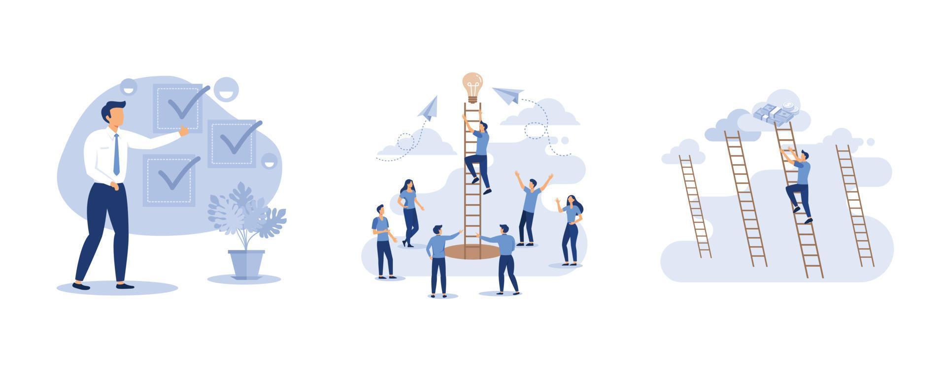 a person leaves a good online review for a product or service,  the path to success is motivation,  concept of career growth, set flat vector modern illustration