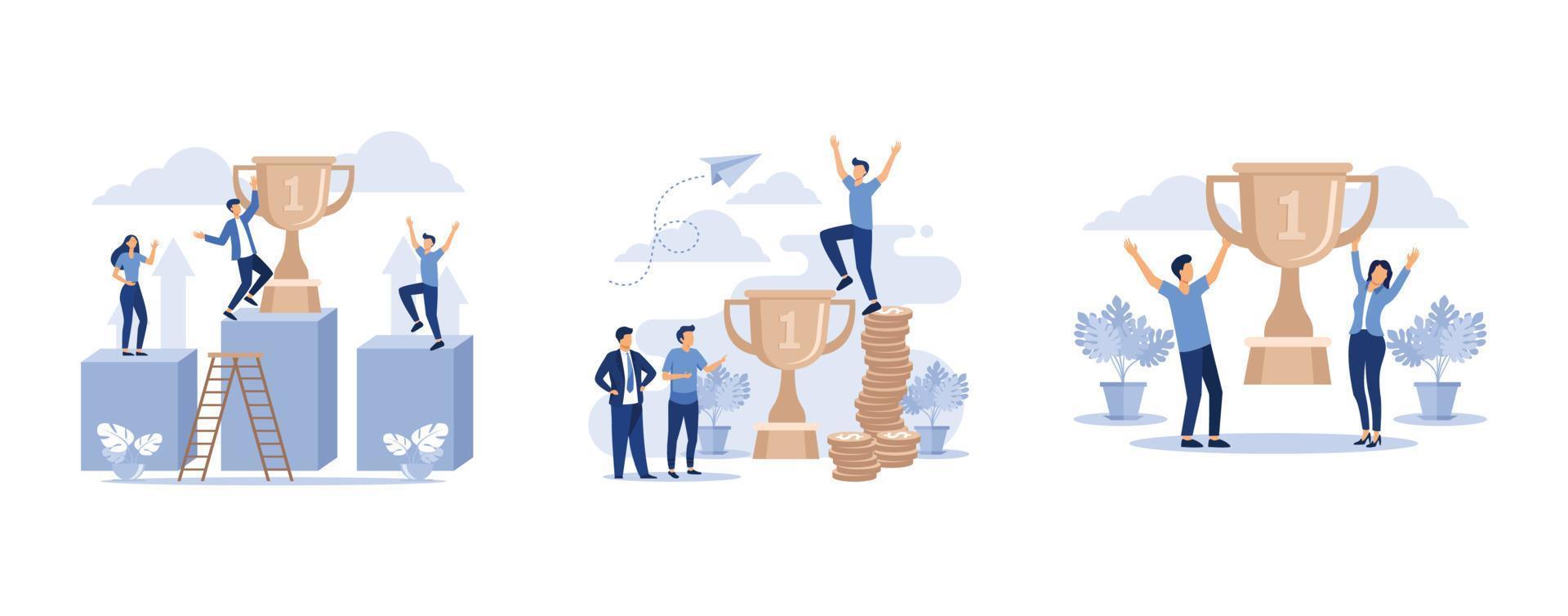 gold cup trophy symbol icon in flat style,  leadership qualities in a creative team,  small people are happy to have a winner, set flat vector modern illustration