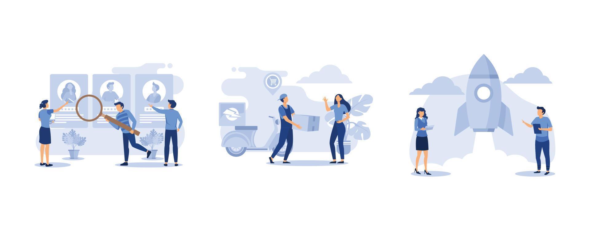 hiring employees, online shopping, cohesive teamwork in the startup, set flat vector modern illustration