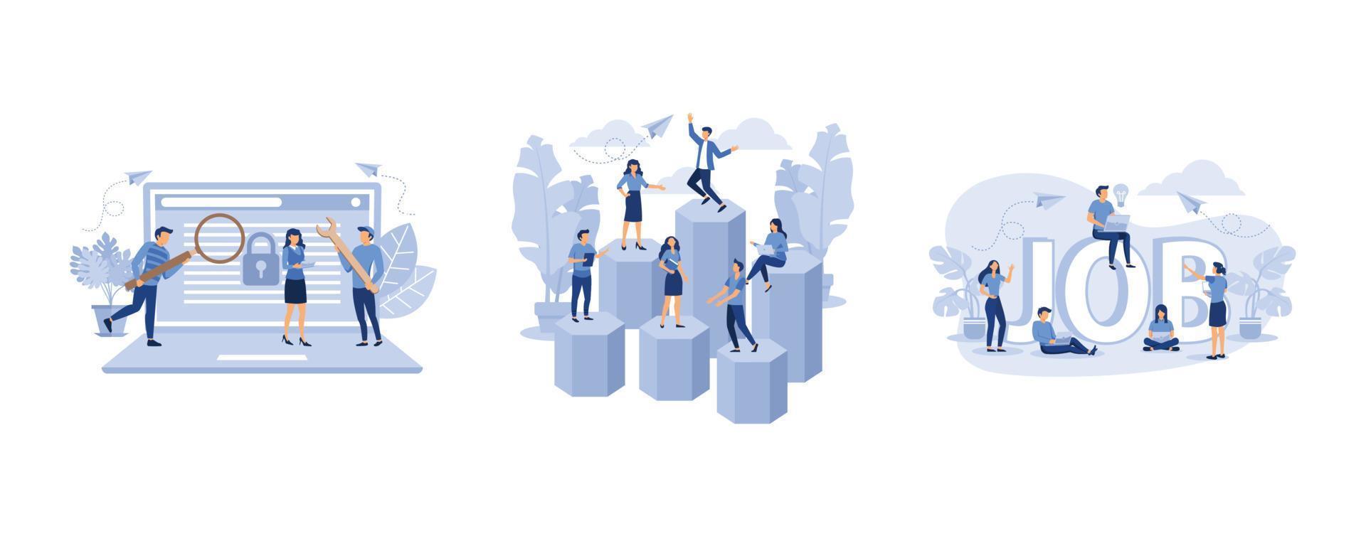 the concept of protecting computer data for a web page, teamwork on performance, job search, set flat vector modern illustration