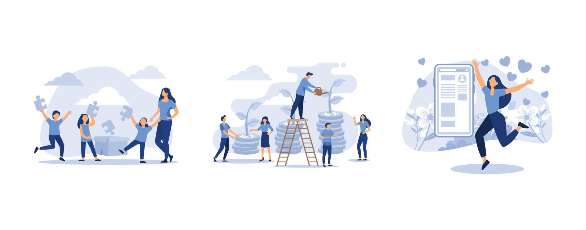 Teaching children to order and cleaning,  career growth to success, a joyful girl with a phone in his hand puts likes on a background of flowers, set flat vector modern illustration