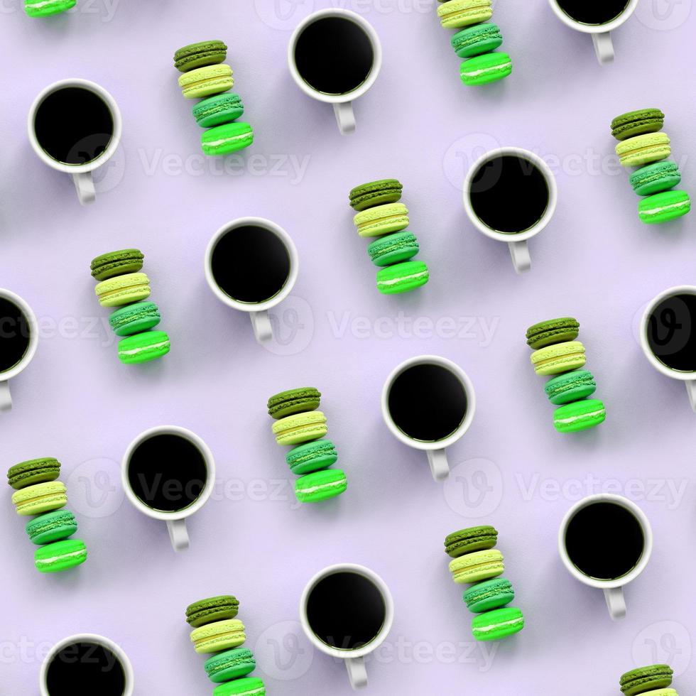 A pattern of many colorful dessert cake macaroon and coffee cups on trendy pastel lilac background top view photo