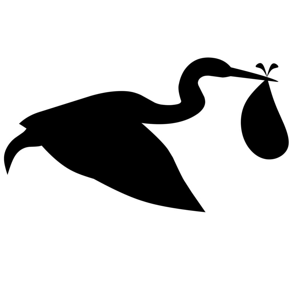 Silhouette of a stork carrying a baby in its beak. Flying bird. Isolated on a white background. Great for love logo vector