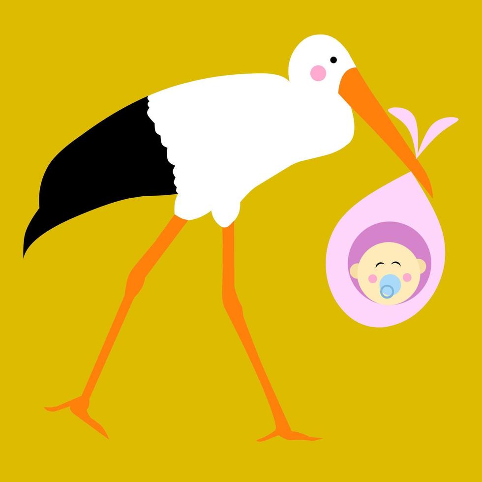 Vector stork holding a baby boy. Isolated on a yellow background. Great for love logo