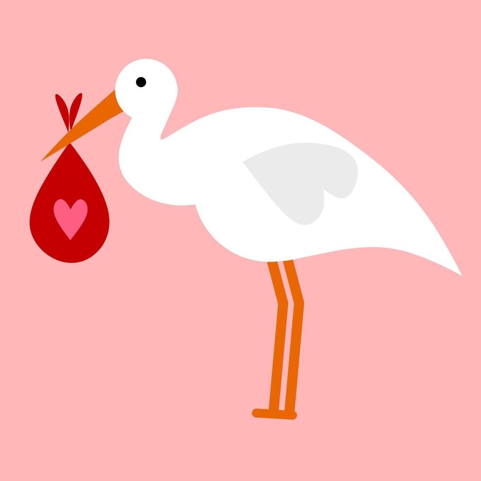 The stork holds the baby in its beak. Isolated on a pink background. Great for love logo vector