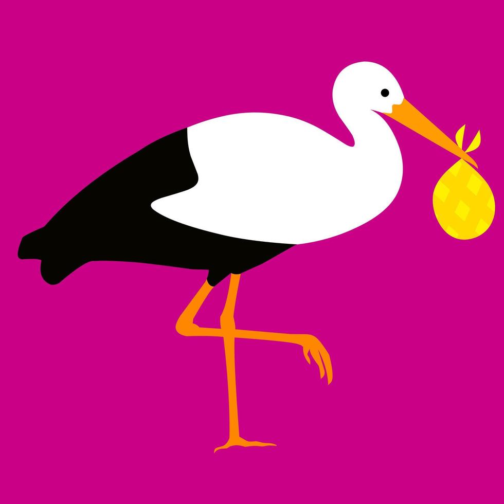 Vector stork holding a baby. Isolated on a pink background. Great for love logo