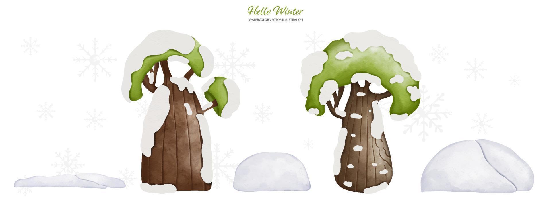 árbol de navidad de acuarela y conjunto de gorro de nieve, ilustración de vector de acuarela