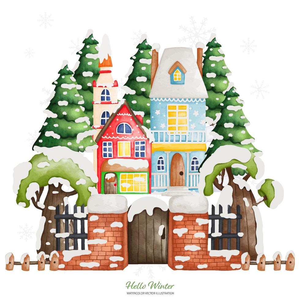 Winter House in old style with Christmas Tree and Brick fence. Watercolor Vector illustration