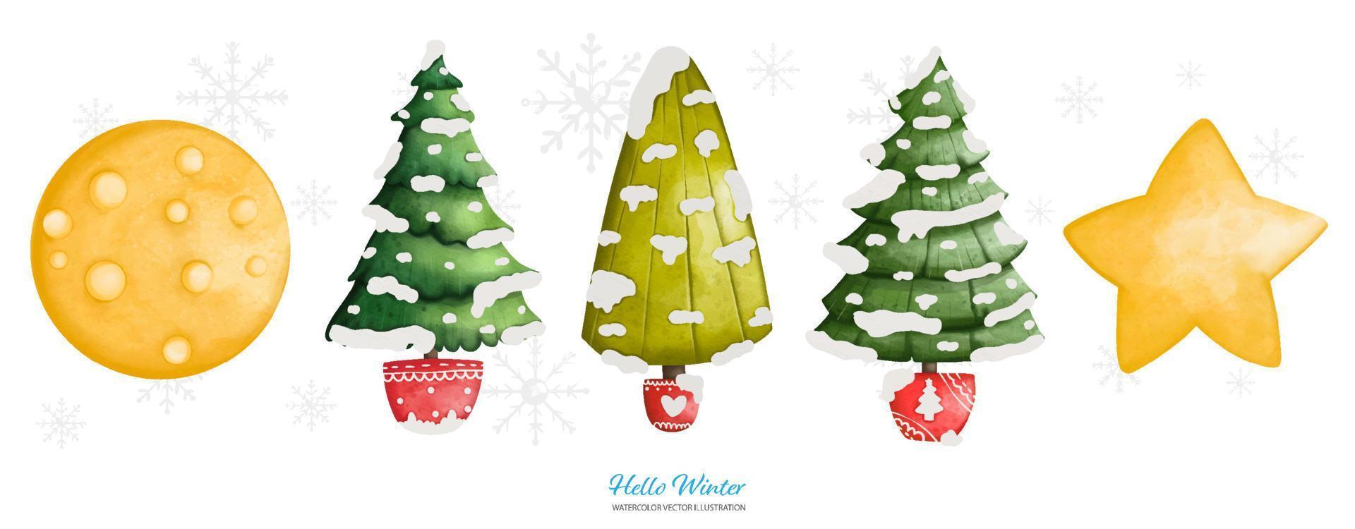 Watercolor Christmas Tree and Star, Watercolor Vector illustration