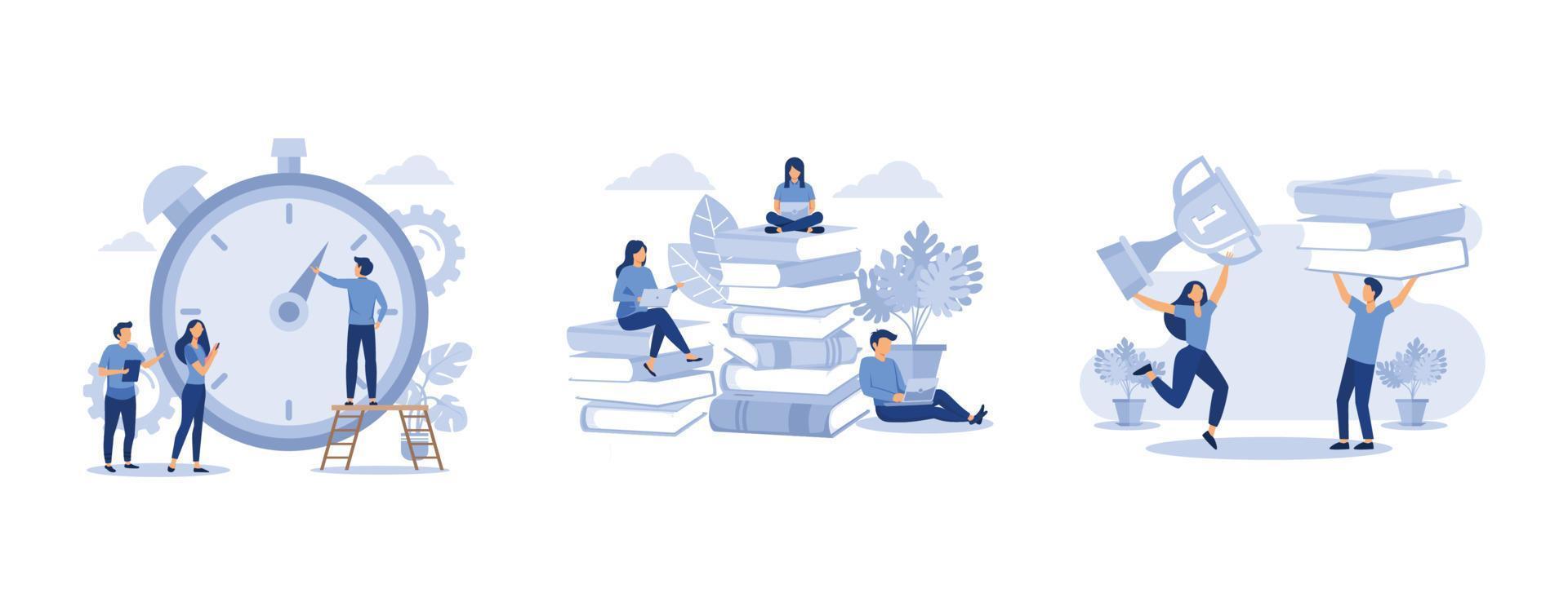 time management concept, people learn and gain knowledge, online books and study guides, set flat vector modern illustration