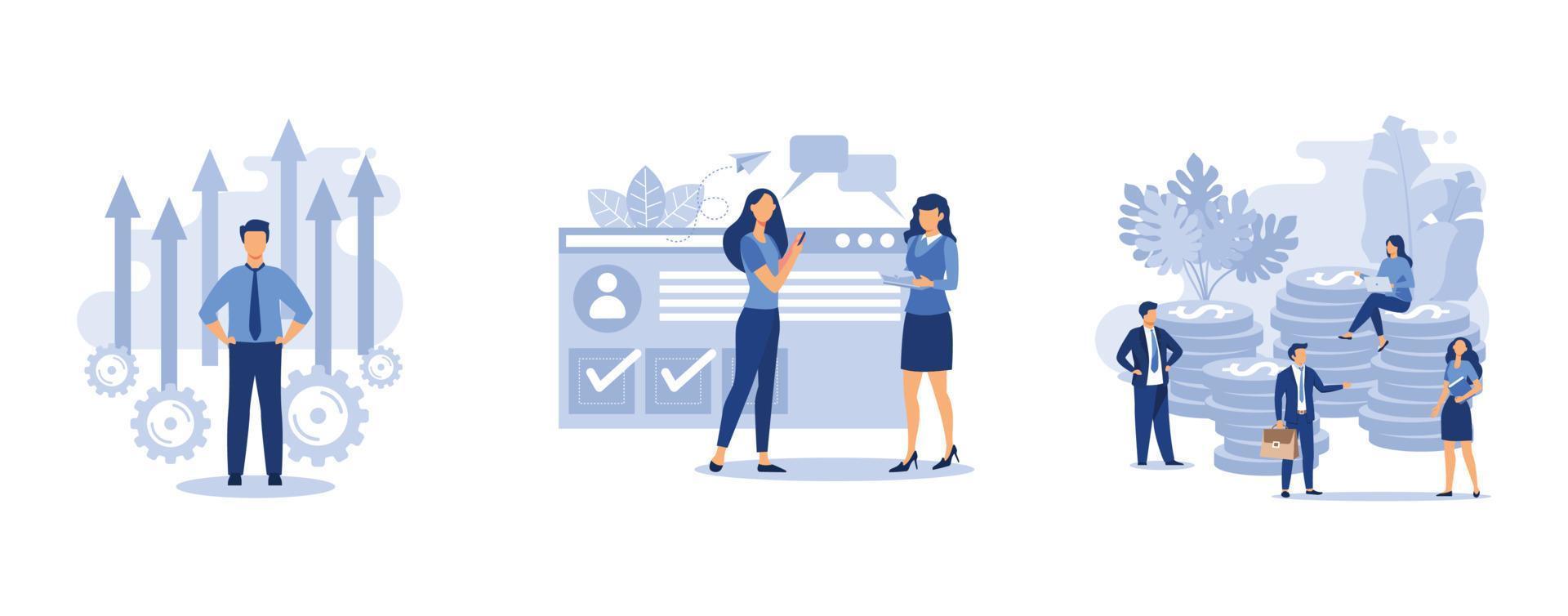 moving to the goal on the arrow,  social networking,  investment management cards, set flat vector modern illustration