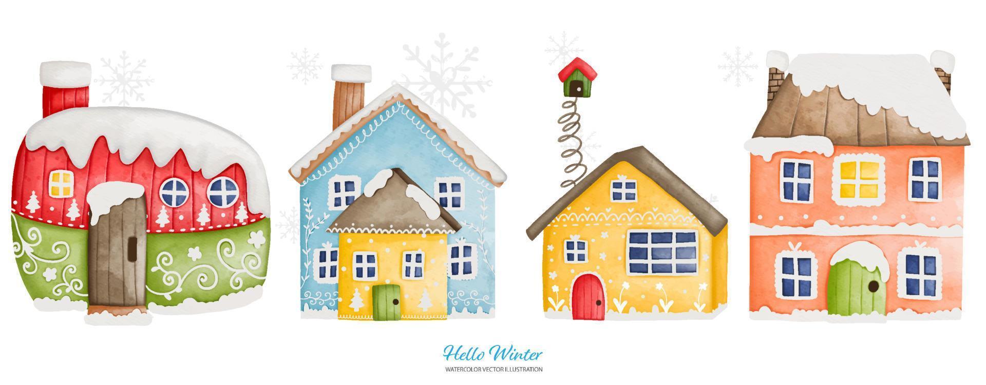 Four Watercolor winter house with a snow cap, Watercolor Vector illustration