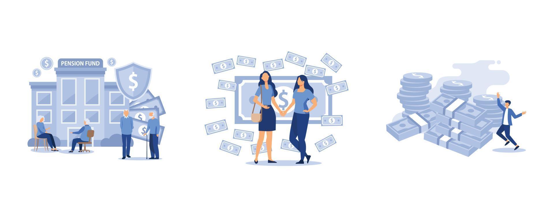 clock and money,  woman and man business handshake , wallet with money dollar bill, set flat vector modern illustration
