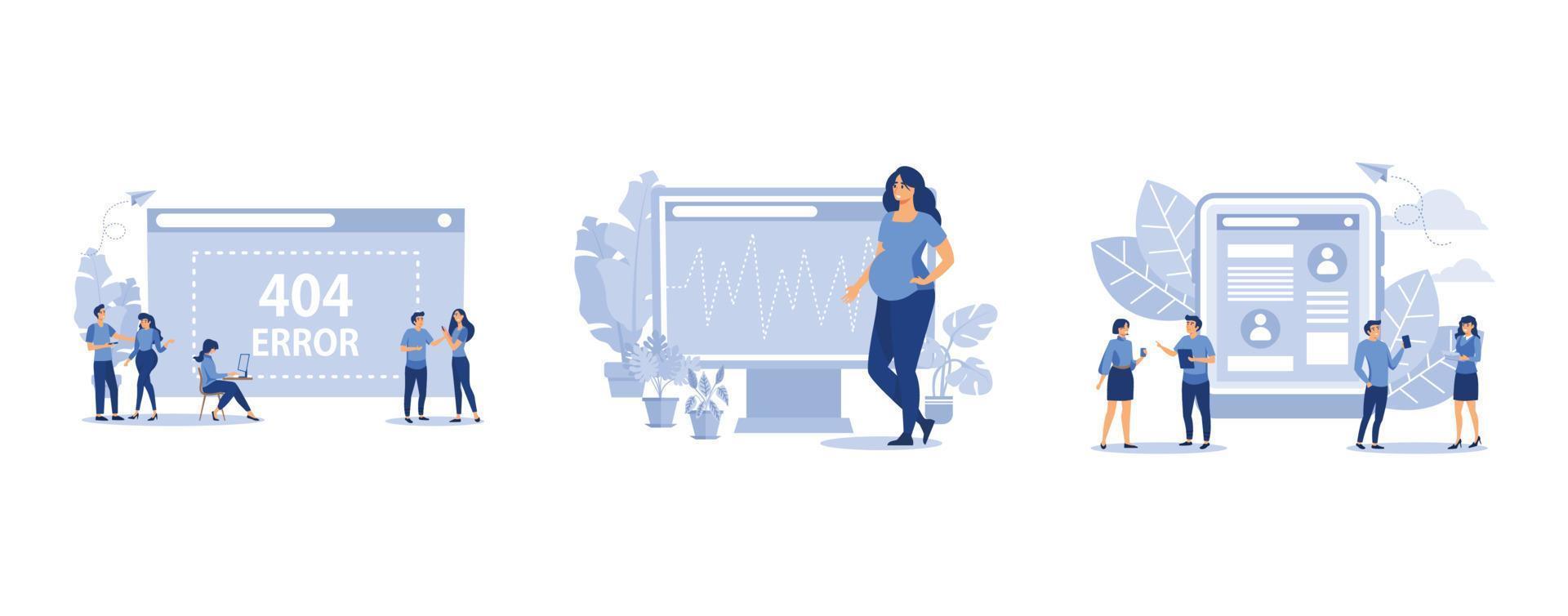 error 404, una mujer embarazada que espera un bebé en el diagnóstico, comunicación a través de Internet, establece una ilustración moderna de vector plano