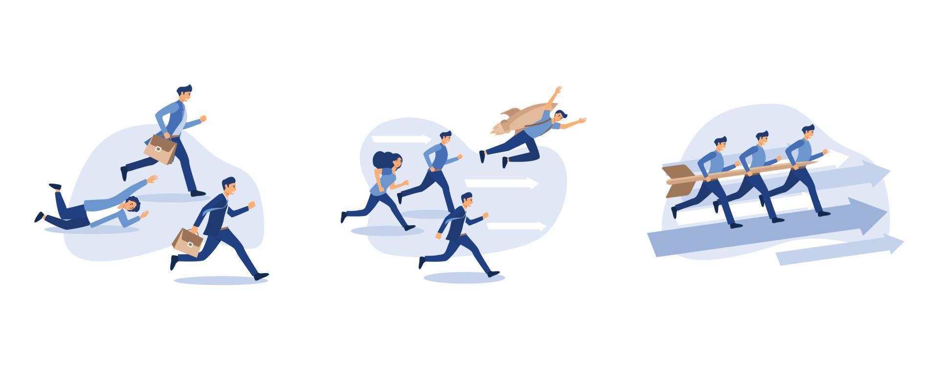 Group of businessmen rushing for work while one of them fall badly, CBusinessman flying up by rocket, Businessman arrow man male cartoon business icon, set flat vector modern illustration