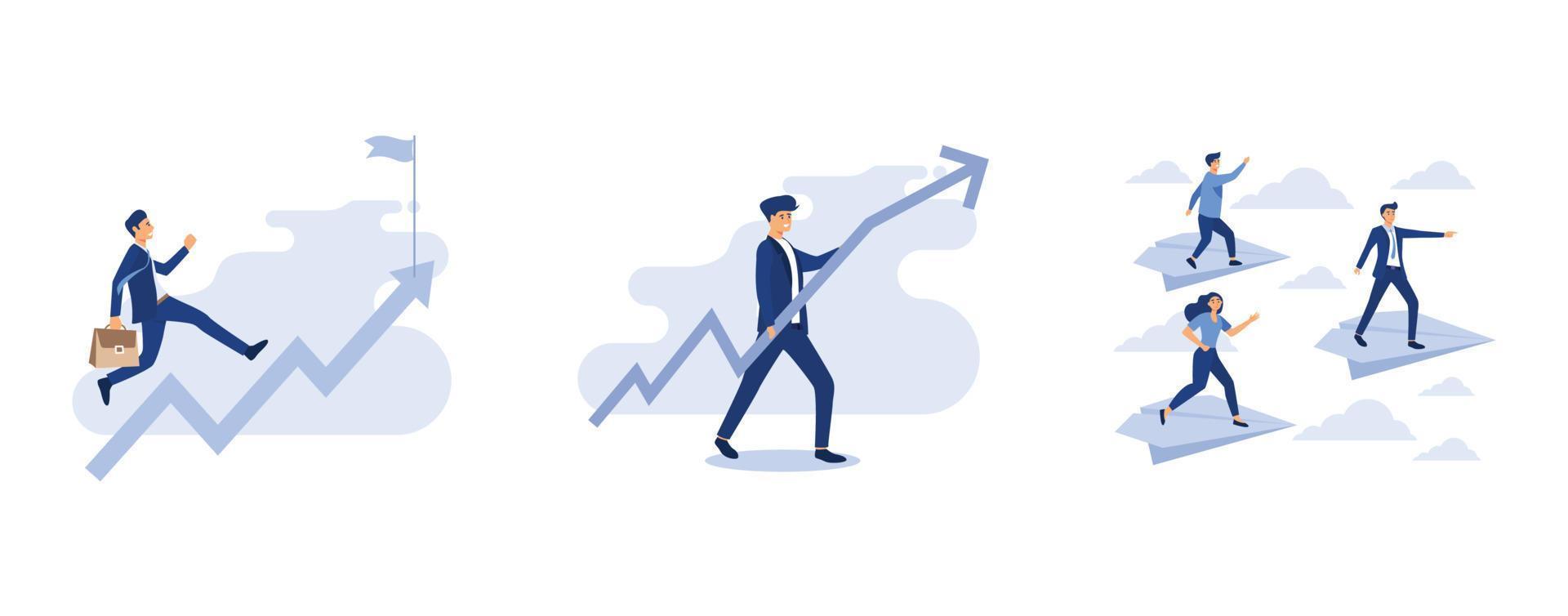 people fly up towards the target, businessman runs with increasing graph arrow, businessman balancing on the paper planes searching for business opportunity, set flat vector modern illustration