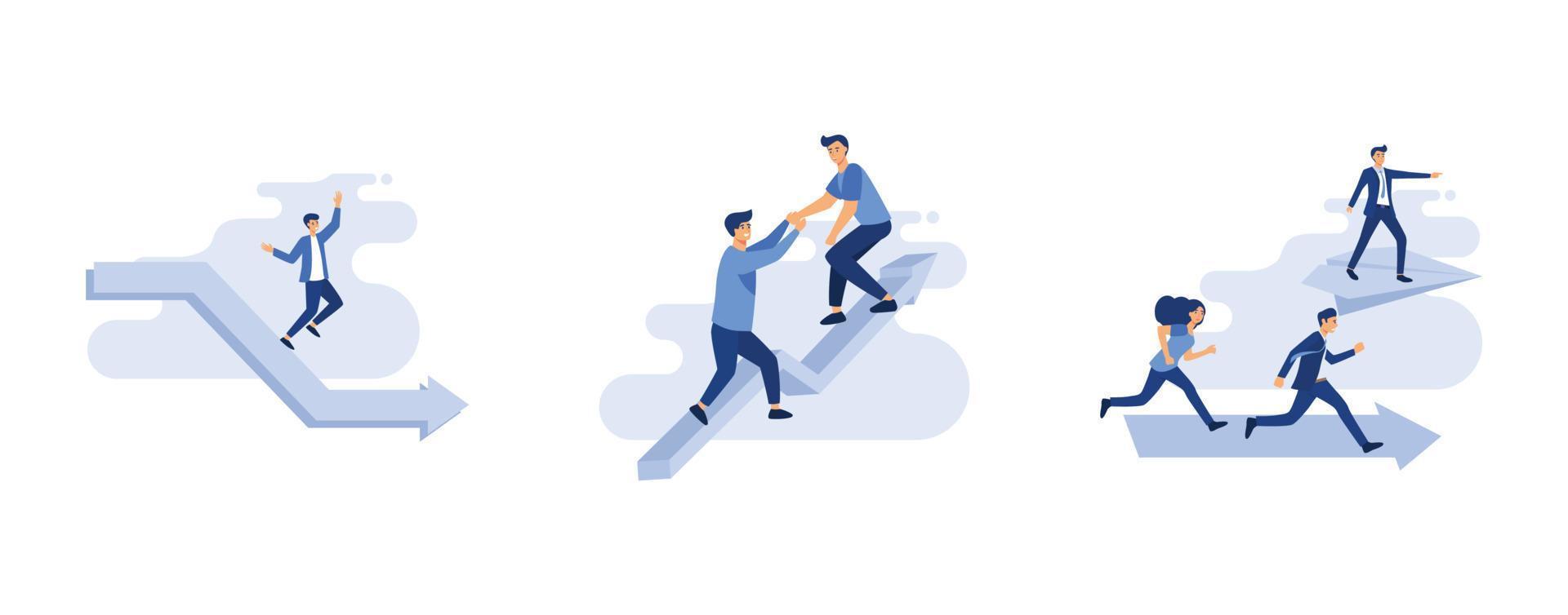 businessman get tripped by down graphic, team of people work hard to reach top position, new opportunities and strategies metaphor, set flat vector modern illustration