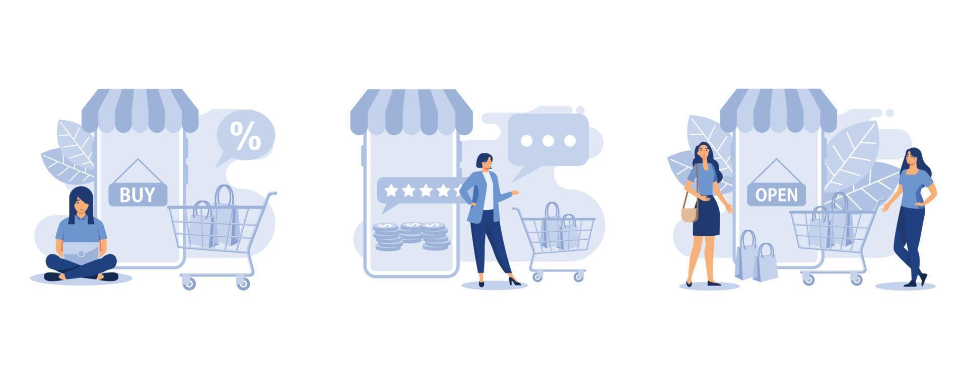 Online shopping,  star rating, isometric Women characters with shopping bags and shopping carts isolated on white, set flat vector modern illustration