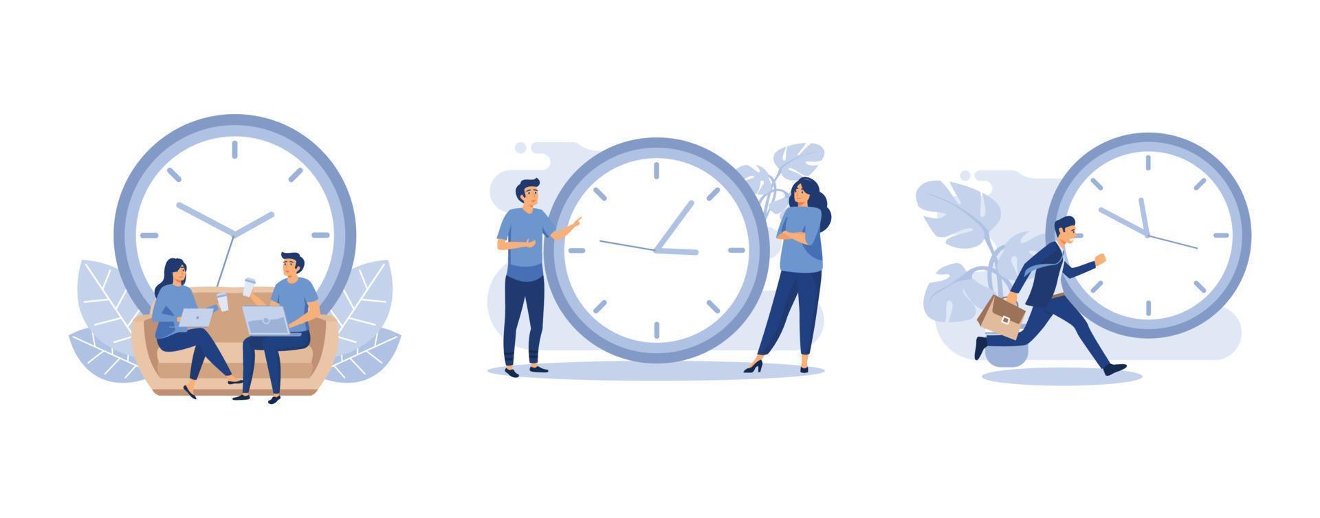 hombre y mujer sentados en un sofá o sofá y trabajando en una laptop, un hombre y una mujer cerca de un reloj grande, el hombre corre tras el reloj, establece una ilustración moderna vectorial plana vector