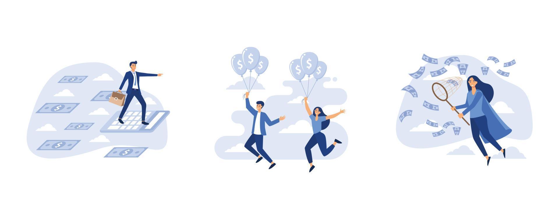 Businessman flying with paper money and clouds on blue background, businesspeople on hot air balloon investing money for future profit, people catch money, set flat vector modern illustration