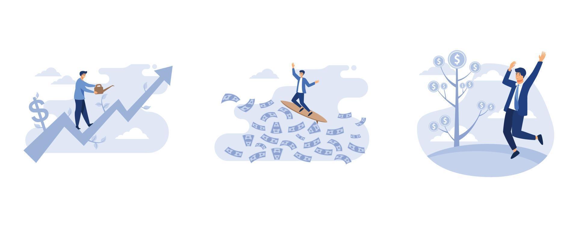 businessman running up graph business tree,  businessman surfing financial seas, the glad businessman is standing under the tree of money, set flat vector modern illustration