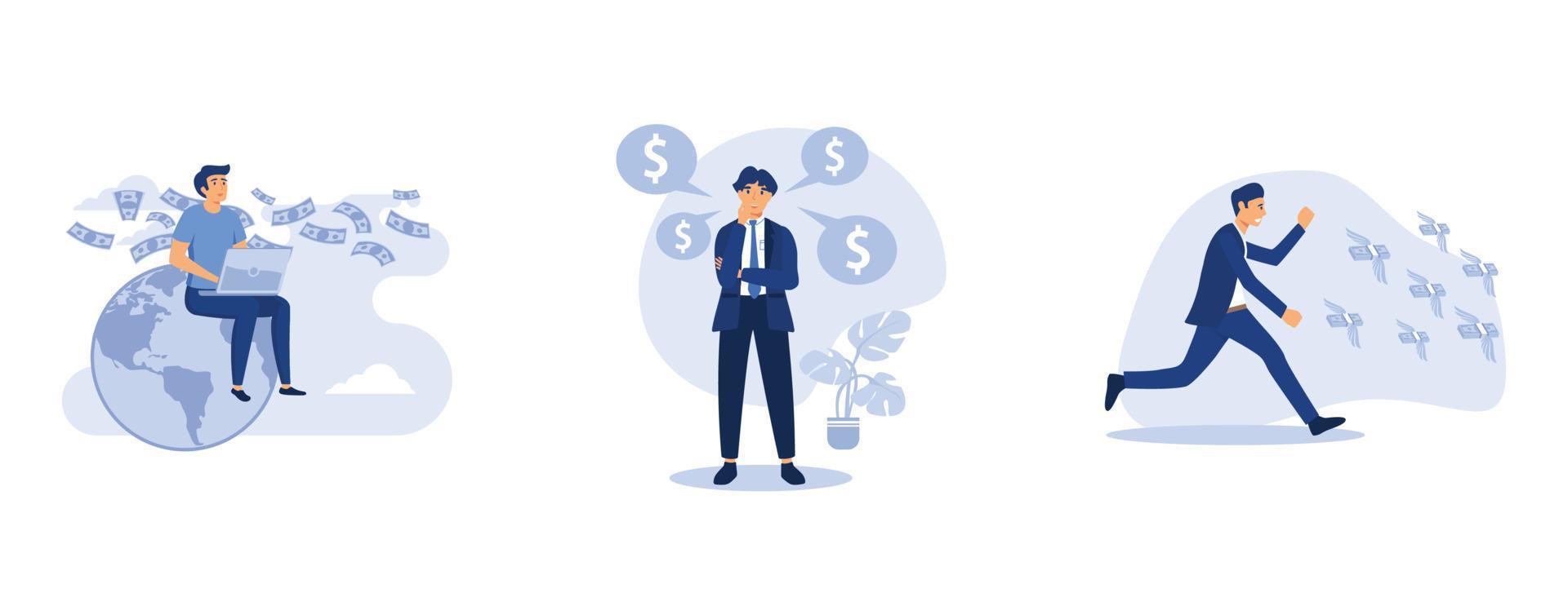 prepare a business project start up, the company is engaged in the joint construction and the cultivation of cash profits, Man running after cash money flying away, set flat vector modern illustration
