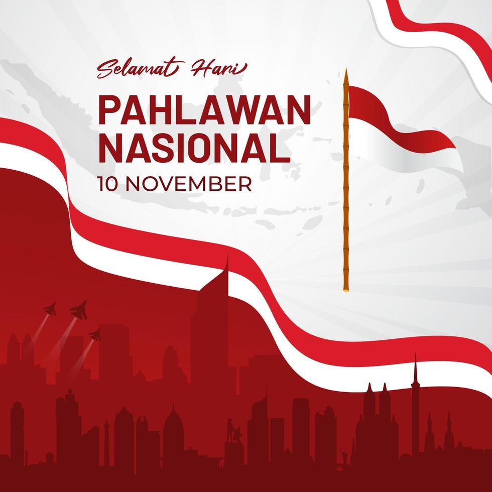 día de los héroes nacionales de indonesia 10 de noviembre diseño de fondo con bandera indonesia de poste de bambú vector