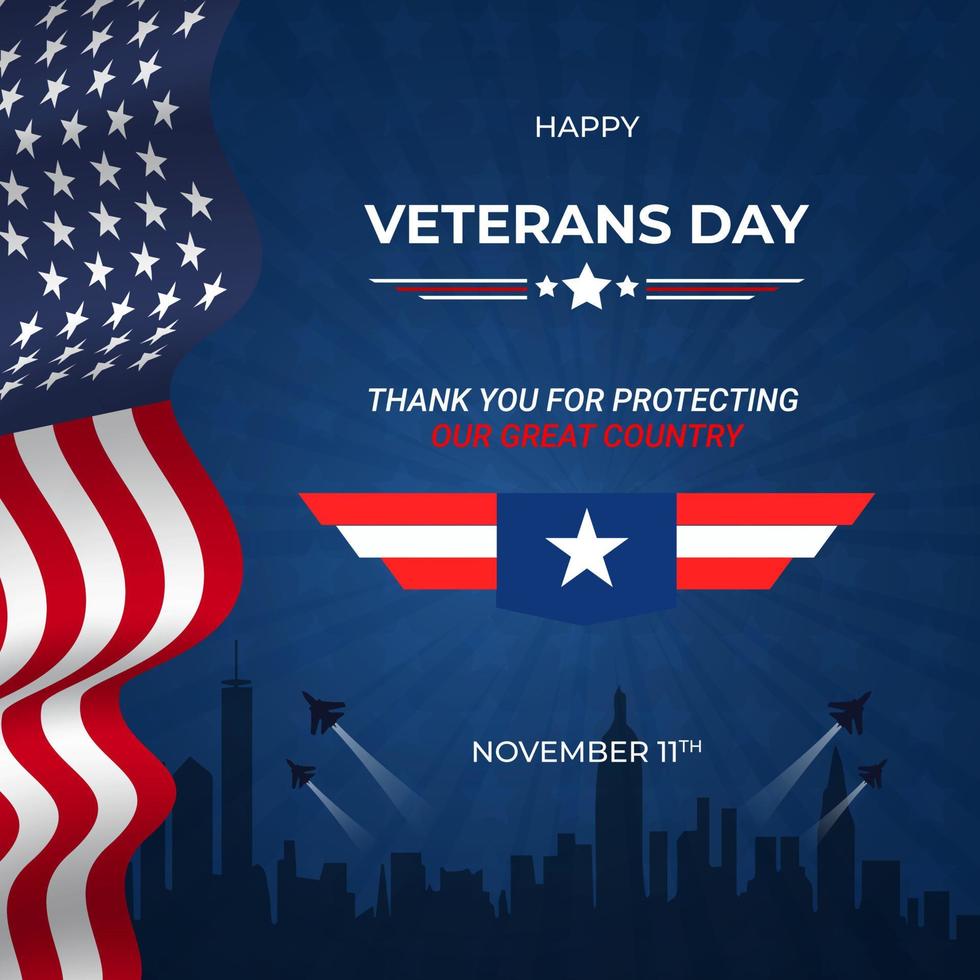 feliz día de los veteranos 11 de noviembre ilustración sobre fondo azul sunburst vector