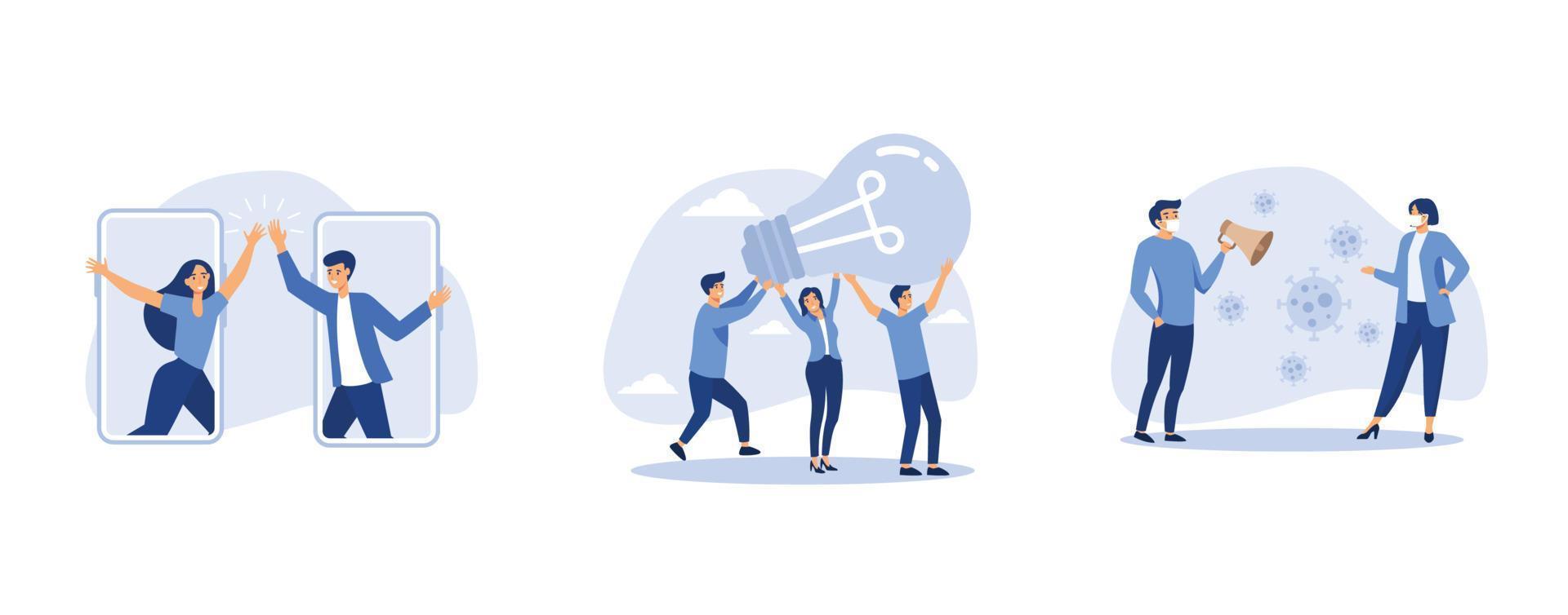 happy businessman and businesswoman hi five from mobile phone, business people teamwork help carry big smart lightbulb innovation idea, social distancing vector
