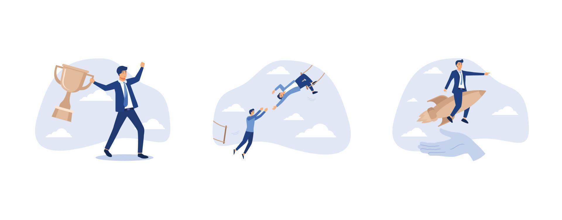 Celebrate work achievement,  businessman trapeze perform jumping and catch by partner, confident businessman riding launching company rocket in supporter hand, set flat vector modern illustration