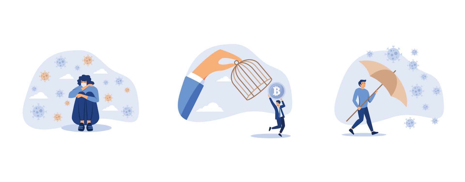 Solitude and depression from social distancing, government try to control crypto or decentralized money, businessman leader stand safe by cover himself with big umbrella vector