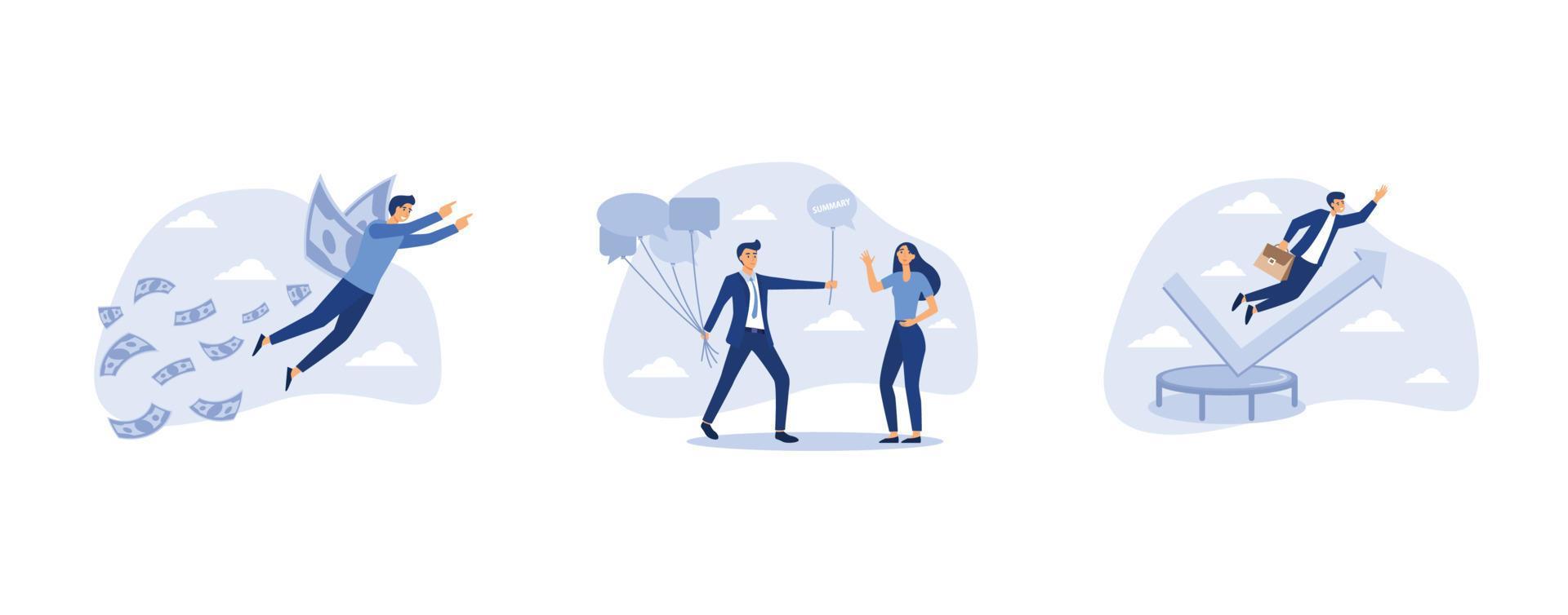 Financial success, businessman holding group of speech bubble balloons