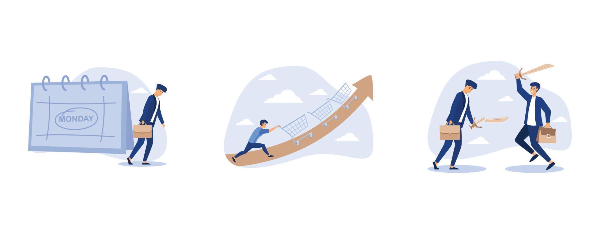 Monday blues, purchasing power growth or consumer spending more money,  confidence businessman holding strong sword and other holding weak one, set flat vector modern illustration