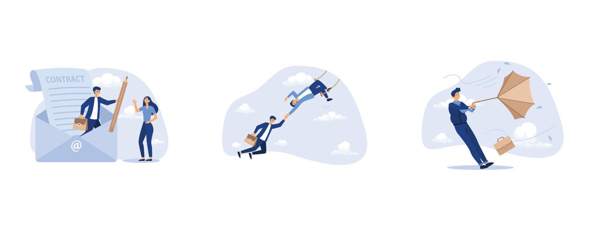 online employment technology or electronic contract signing, support and reliable to help success together concept,  frustrated businessman holding broken umbrella in strong wind storm, vector