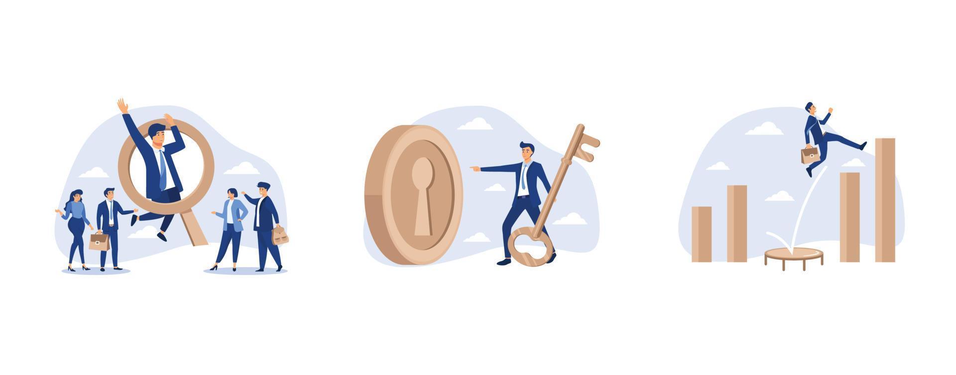 Outstanding winner candidate for job position, financial key success,  strong businessman jumping from trampoline back to top of growing bar graph, set flat vector modern illustration