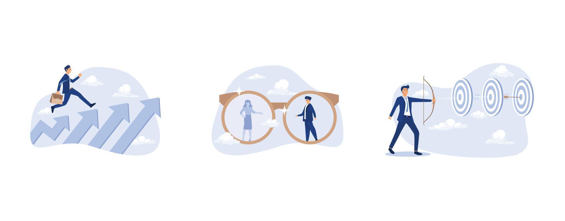 Business growth and career path, eyeglasses with clear vision on businessman and unclear blurry vision on woman, smart businessman archery hit multiple bullseye with single arrow, vector