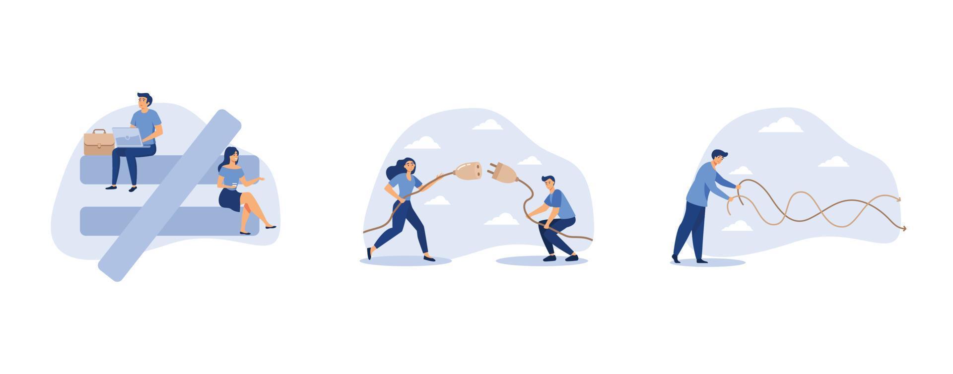 Gender inequality,  broken communication, businessman market manipulator play battle rope to control market graph, set flat vector modern illustration