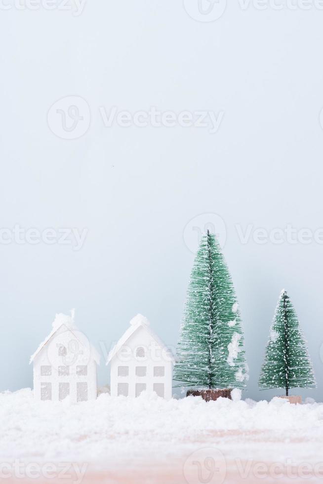 Christmas tree and home with snow frost field of natural Landscape background for celebration and Happy New Year photo