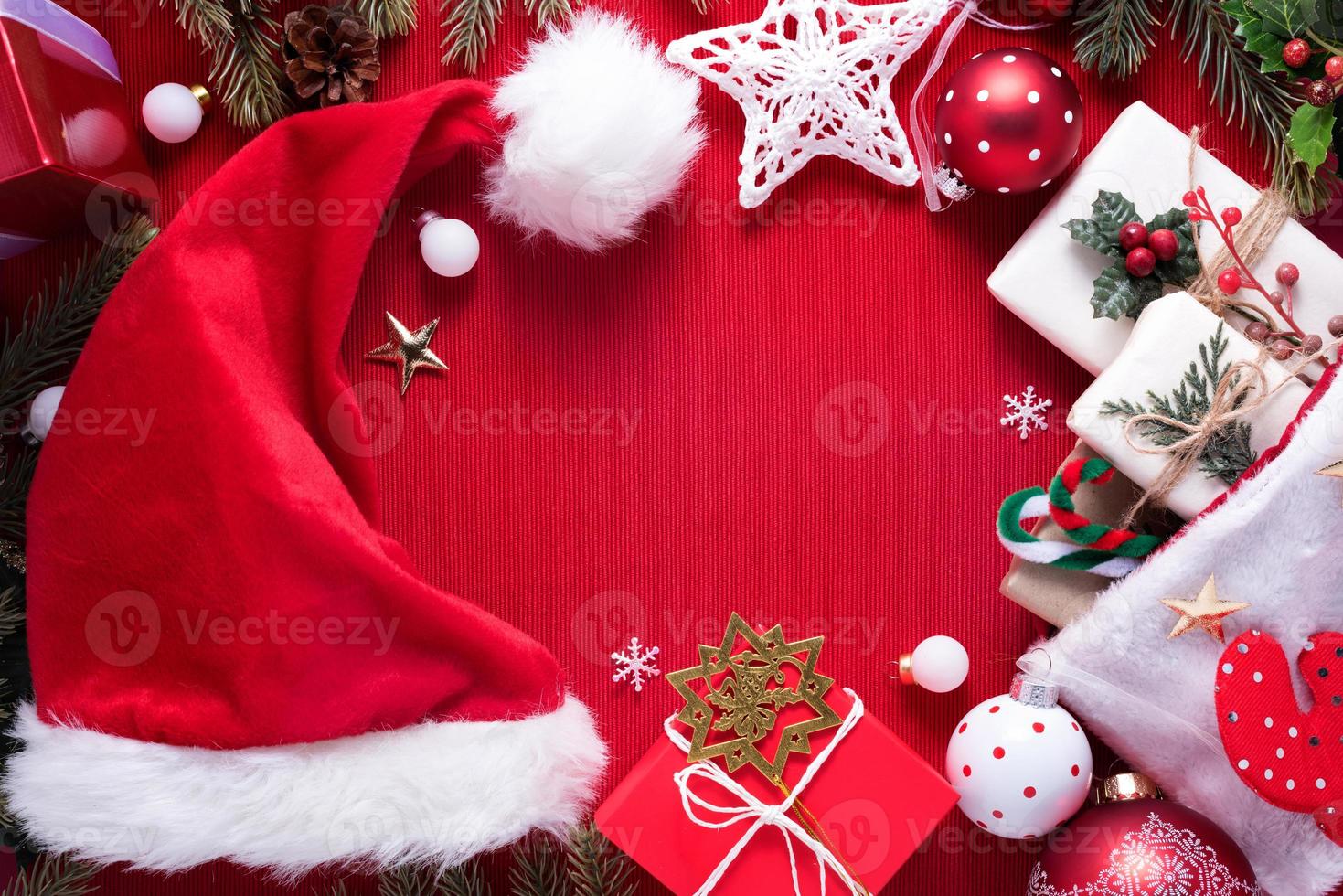 Merry Christmas and Happy New Year decoration for celebration on red cloth background with copy space photo