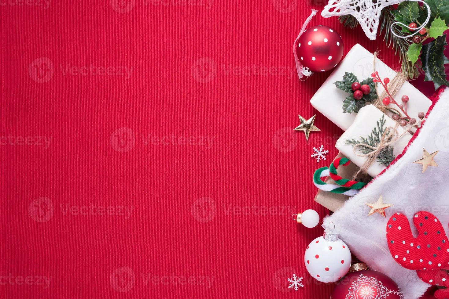 Merry Christmas and Happy New Year decoration for celebration on red cloth background with copy space photo